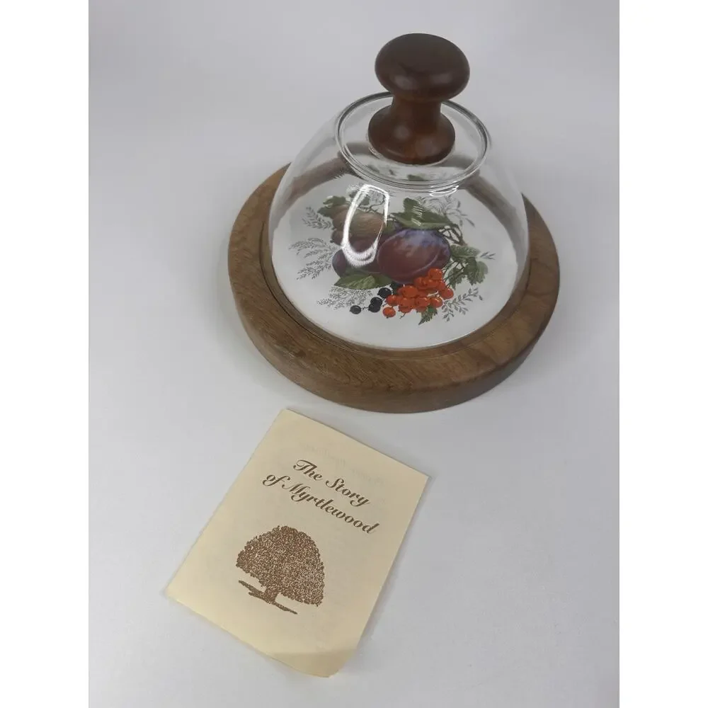 Vintage Wood & Glass Cheese Dome Cloche Set Plums Figs Cranberry Ceramic Insert